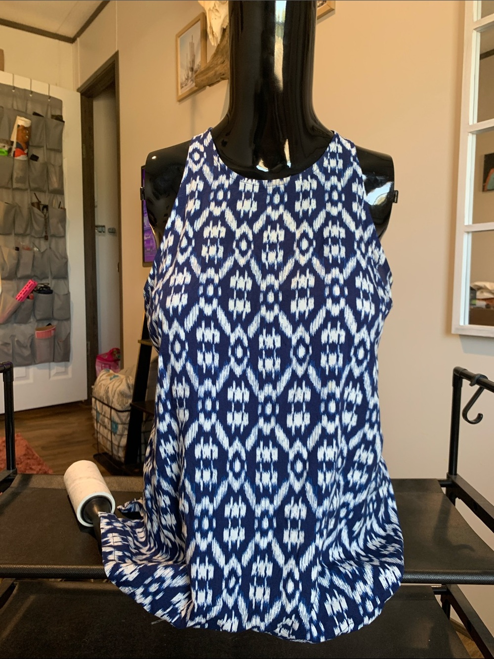 #80 Old Navy Navy and White Geometric High-Neck Tank Top
